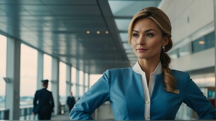 Obraz premium Portrait of a beautiful flight stewardess on light blue uniform in airport terminal background from Generative AI