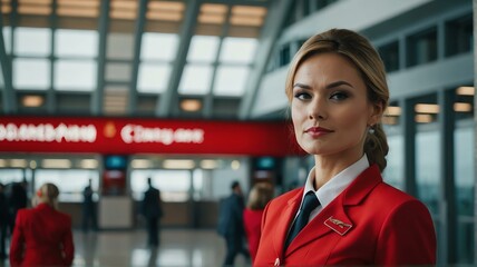 Portrait of a beautiful flight stewardess on red uniform in airport terminal background from Generative AI