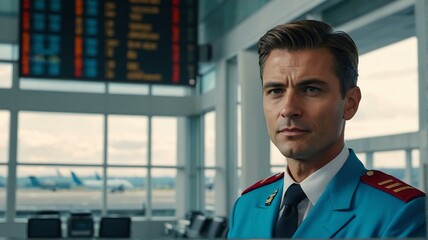 Portrait of a handsome male flight captain pilot on light blue uniform in airport terminal background from Generative AI