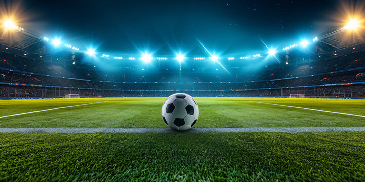 Fu&szlig;ball auf einem Sportplatz in einem Stadion bei Nacht  mit Flutlichtern 