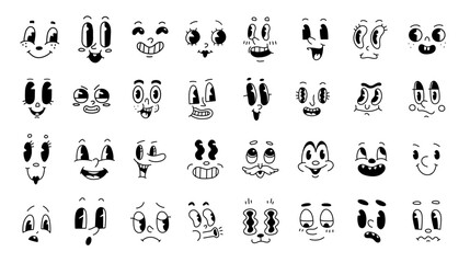 Retro groovy 30s, 50s comic and old cartoon face set. Caricature mascot character emotion. Happy vintage animation eyes and mouths. Vector hand drawn funny faces