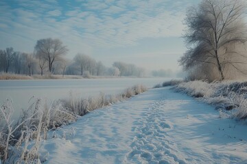 Obraz na płótnie Canvas Winter snowscape with soft snow covering the ground and trees Creating a tranquil and picturesque setting Ideal for seasonal themes and peaceful backgrounds