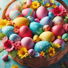 Fototapeta na wymiar Close-up of a vibrant Easter basket filled with colorful eggs and spring flowers Joyful and festive Perfect for Easter-themed designs 