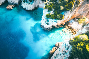 Aerial view of beautiful beach with turquoise water in a Mediterranean coastline..