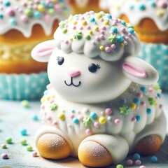Obraz premium Close-up of a traditional Easter lamb cake decorated with icing and pastel-colored sprinkles Sweet and delightful Perfect for Easter dessert-themed designs 