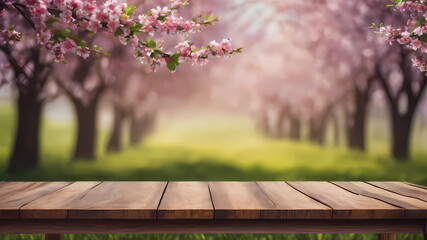 Wooden board empty table blurred background. Perspective brown wood table over blur trees forest background.