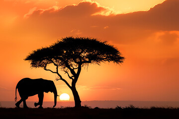 Fototapeta na wymiar Silhouette of an elephant with a tree in the background at sunset
