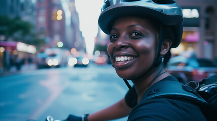 Happy african american female cycling to work in the city to save money and live sustainably. Working woman travelling by bike to the office. Exploring New York by bicycle. Copy space, AI generated - obrazy, fototapety, plakaty