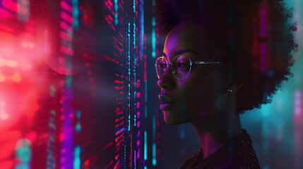 young black female cyber security analyst tracking data and artificial intelligence. AI vs human...
