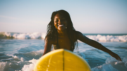 Happy candid african american girl surfing in Australia. Black girl learning to surf waves. AI generated - obrazy, fototapety, plakaty