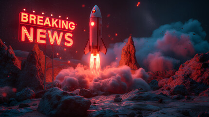 “BREAKING NEWS” Neon sign - Rocket ship Graphic - 3-d banner - attention grabbing visual 