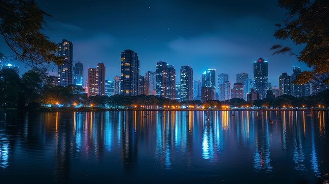 Nighttime view of a cityscape reflected in the lake, lights twinkling on the water, a peaceful moment amidst urban life 