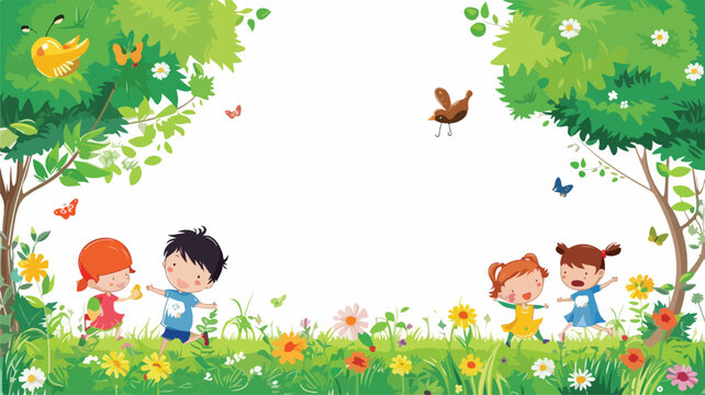 Children playing in the garden: Vector illustration.