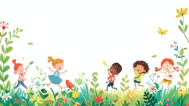 Children playing in the garden: Vector illustration.