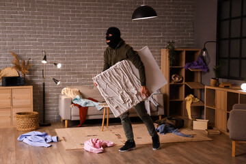 Male thief stealing painting in room at night