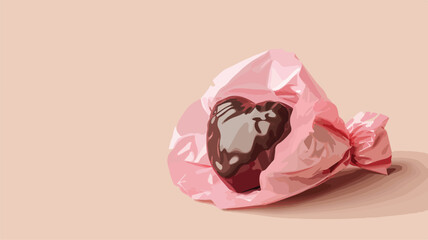 Chocolate candy with heart in pink wrapper.