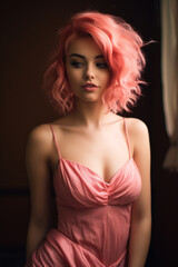 Young AI Female Influencer with Pink Wavy Hair Wearing a Pink Dress