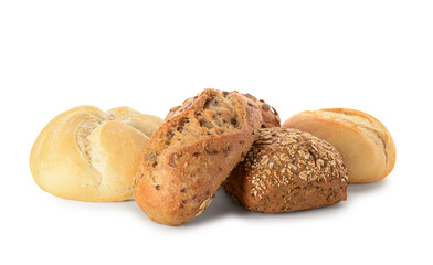 Different delicious buns on white background