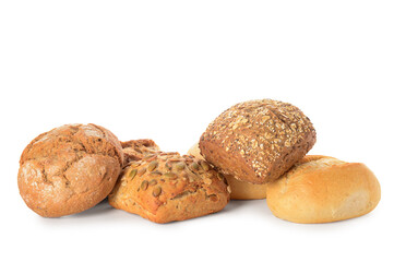 Different delicious buns on white background