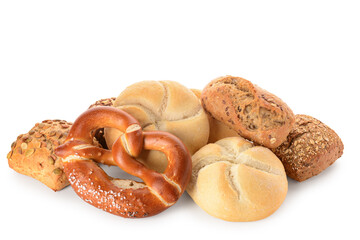 Different delicious buns and pretzel on white background