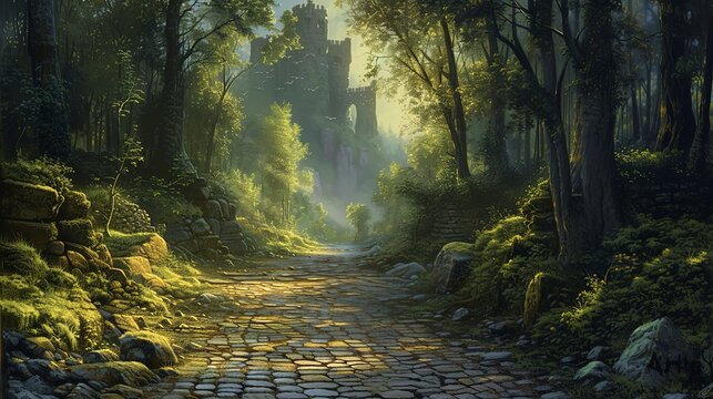 Old cobblestone path winding through a European forest, remnants of an ancient castle peeking through the trees 