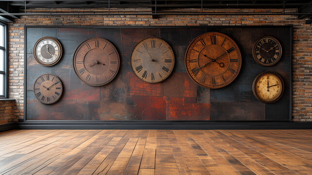 Assorted antique cooks attached to brick interior wall - wood floors - quirky and eccentric charm - meticulous symmetry - perfectly centered composition 