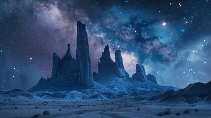 Otherworldly rock formations in a desert, shapes sculpted by wind and water over millennia, under a star-filled night sky 