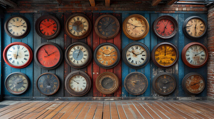 Assorted antique cooks attached to brick interior wall - wood floors - quirky and eccentric charm - meticulous symmetry - perfectly centered composition 