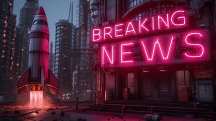 “BREAKING NEWS” Neon sign - Rocket ship Graphic - 3-d banner - attention grabbing visual 