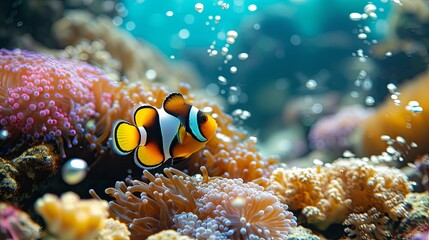 Fototapeta na wymiar Sea bottom ecosystem with corals and fish wallpaper background