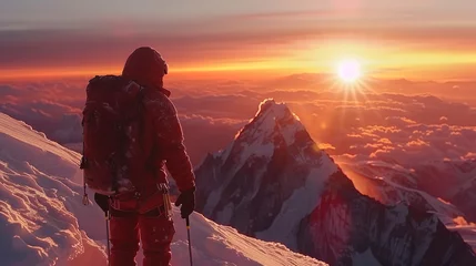 Papier Peint photo Lavable Bordeaux Photorealistic depiction of a climber's first-person view reaching the summit of Mount Everest, breathtaking horizon at dawn 
