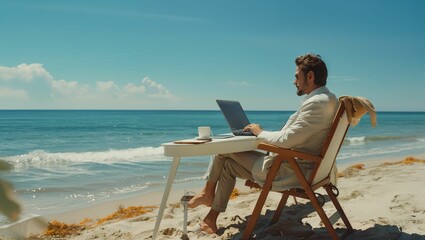 A businessman is sitting and using a laptop in the middle of the beach