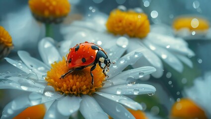 A ladybug on a daisy flower
