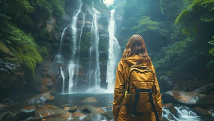 Fototapeten A woman carrying a backpack stands in front of a mysterious waterfall © akarawit