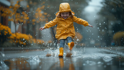 A kid girl happily jumps on puddles on the road