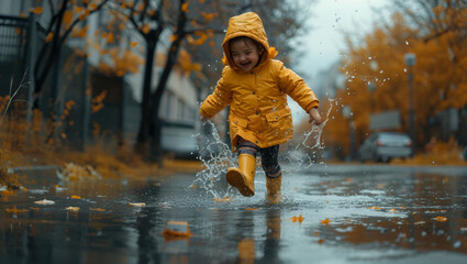 A kid girl happily jumps on puddles on the road