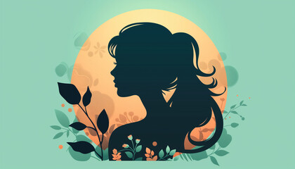 Women's day flat illustration of a woman silhouette with a beautiful hair and leaf's design
