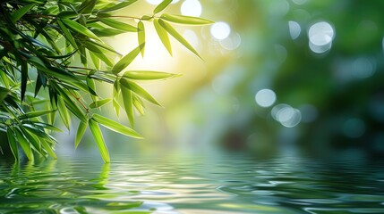 Tranquil Bamboo by the Water Background, Nature Wallpaper, Spa Backdrop, Green Plants, Natural Beauty Photo