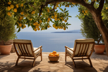 Fototapeta premium Terrace with lemon trees, two chairs, a plate with oranges, and sea views.
