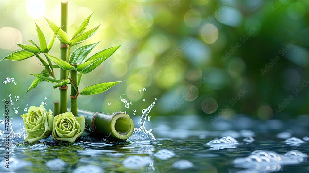 Wall mural Tranquil Bamboo by the Water Background, Nature Wallpaper, Spa Backdrop, Green Plants, Natural Beauty Photo