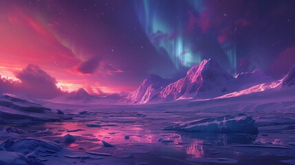 Polar night over an iceberg field, the aurora borealis casting a mystical light over the ice, a scene of silent beauty  - obrazy, fototapety, plakaty
