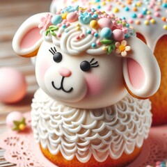 Obraz premium Close-up of a traditional Easter lamb cake decorated with icing and pastel-colored sprinkles Sweet and delightful Perfect for Easter dessert-themed designs 