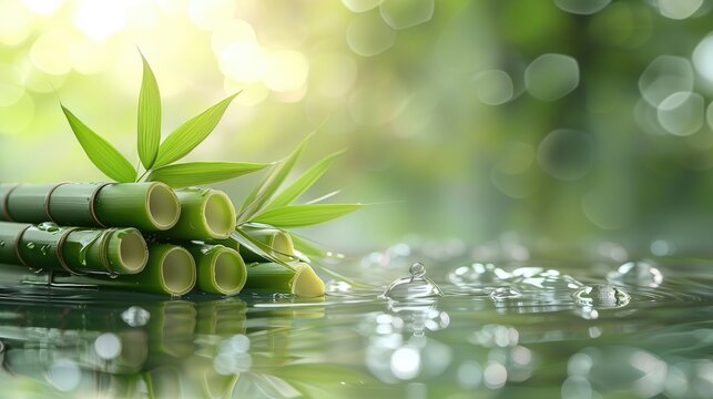 Tranquil Bamboo by the Water Background, Nature Wallpaper, Spa Backdrop, Green Plants, Natural Beauty Photo