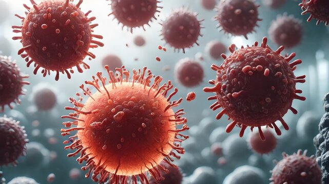 virus in blood cell ,Human T-lymphotropic Virus (HTLV) in a Blood Cell Environment,Human T-lymphotropic Virus (HTLV) in a Blood Cell Environment, Stealth aMicroscopic 3D Illustration of Coronavirus CO