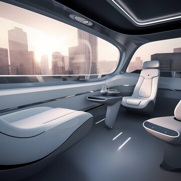 Futuristic Autonomous Vehicle Interior with City Skyline During Golden Hour