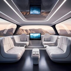 Futuristic Autonomous Vehicle Interior with Panoramic Windows and Mountain View