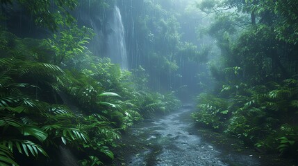 Rainforest path during a rain shower, vibrant greenery, the sound of raindrops on leaves, a distant waterfall murmuring - obrazy, fototapety, plakaty