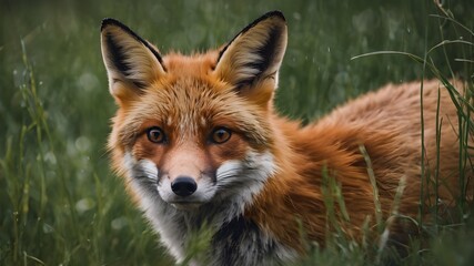 Fototapeta premium close up portrait red fox vulpes in green grass 
