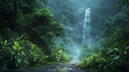 Rainforest path during a rain shower, vibrant greenery, the sound of raindrops on leaves, a distant waterfall murmuring 