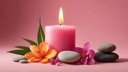 Fototapeta na wymiar spa still life with candles and orchid, spa concept pink theme
